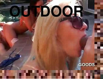 Hot blonde slut mouth fucking dick at outdoor orgy