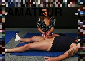 CFNM yoga babe gives her client HJ with cum shot class