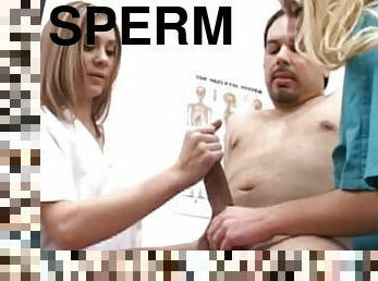 Nurses help him produce a sperm sample with a CFNM handjob