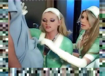 Blonde nurses in latex lingerie and gloves fucking