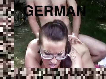 German slut gets multiple cumshots outdoors