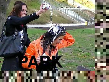 Girls have a picnic in the park that turns into a sexy food fight