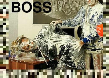 Angry boss punishes every one in the office applying cream on them,what a messy scene