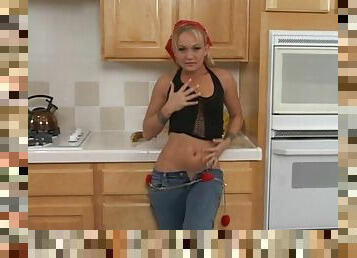 Ardent babe in jeans exposes her ass before anal toying nicely in the kitchen