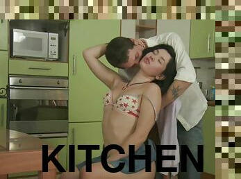 Cute chick agrees that it's time for the rough kitchen penetration