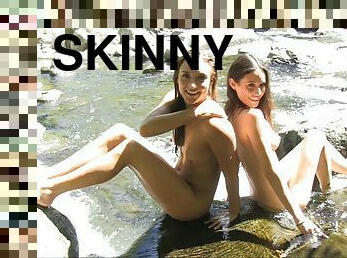 Hiking friends go skinny dipping in the river