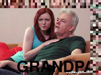 Grandpa and a sexy teen redhead have erotic sex