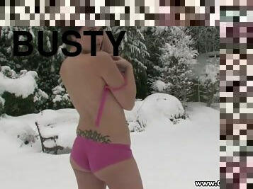 Busty Arizona toys her pussy outdoors on a winter day