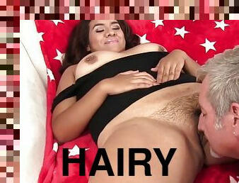 Chubby girl with hairy pussy takes big cock
