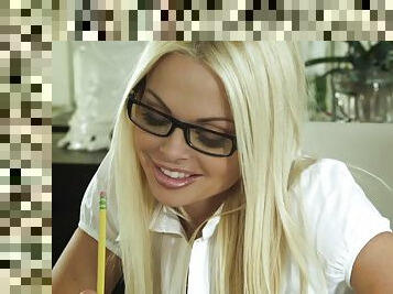 Jesse Jane gets pussy filled with cock in glasses before getting cum sprayed