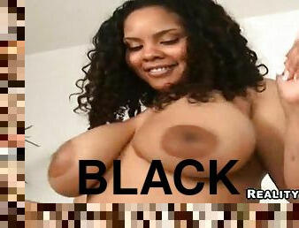 Curly Black babe with big tits and nipples gets nailed by White guy