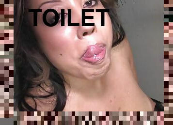 Chubby and kinky bitch is loving a cock in a toilet