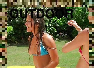 Two horny Latinas in bikini gets banged outdoors