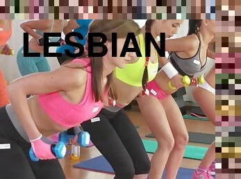 Pussy rubbing lesbian gym babes in closeup