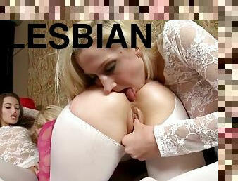 Three lesbians in pantyhose enjoy licking each other's shaved pussies