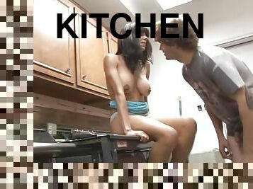 Striking Brunette with Giant Bazookas Gets Fucked In The Kitchen