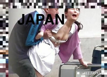 Wild Japanese nurse gets fucked by old man outdoors