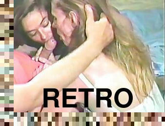 Two retro girls give hot double blowjob to lucky man