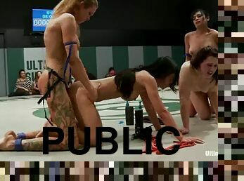 Nude bitches fight and toy pussies in front of a public