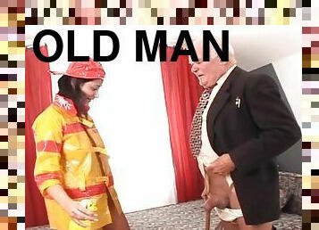 Brunette chick in firefighter uniform gets fucked by old man