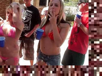 Slutty chicks get fucked at a pool party