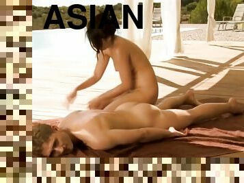 asiático, interracial, madurita-caliente, japonés, masaje, besando, morena