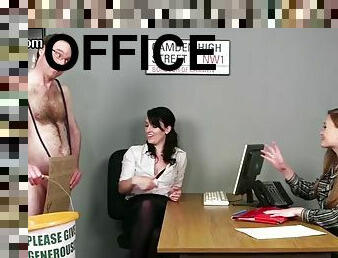 Cfnm secretaries masturbate with a colleague with a small dick in the office