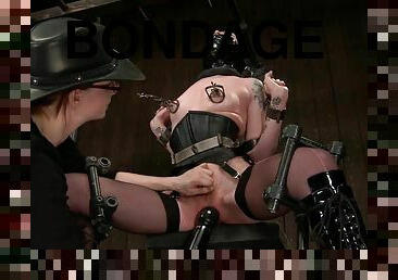 Blindfolded brunette Mizz Amana Marie is in device bondage