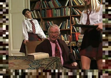 Hot teens in school uniform get fucked by an old dude