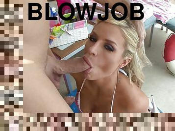 Brooke Belle gets a cumshot after sucking her man's shaft hungrily