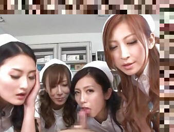 Four lecherous Japanese nurses lick and rub some dude's wang