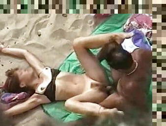 Mature slut gets her hairy pussy banged on a beach