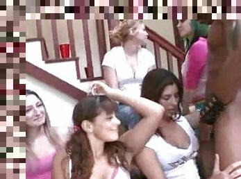 Beautiful girls have a cock-sucking competition at a party