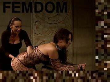 Lusty and smoking hot brunette in hot fishnet suit gets tortured