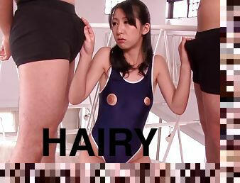 Hitomi Honjou shows off her hairy snatch before sucking two dicks