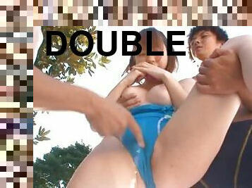 Double Treatment for Horny Japanese Gal by the Pool