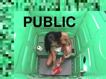 Porta Gloryhole sucks 8 cocks at the park in a public porta potty gloryhole for money