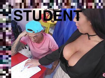 A student gets a lesson in fucking from a sexy tutor with big tits