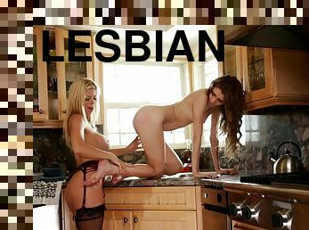 Experienced lesbians acting naughty in the middle of the kitchen
