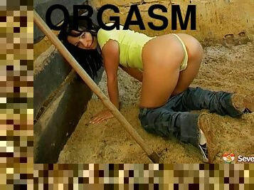 Foxy farm girl masturbating hardcore in the barn till orgasm
