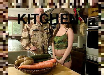 Military guy licking brunette pussy before hardcore smash in the kitchen