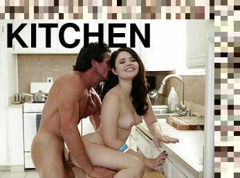 Lucky exotic guy shagging the pale teen right there in the kitchen