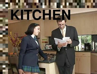 Horny brunette schoolgirl getting slammed right there in the kitchen