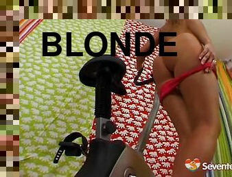 Athletic blonde teen working out and rubbing her twat