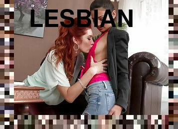 Brutally hot redhead chick goes full-lesbian with her new friend
