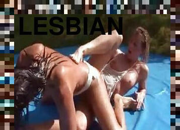 Lesbian wrestling with heavy tribbing action