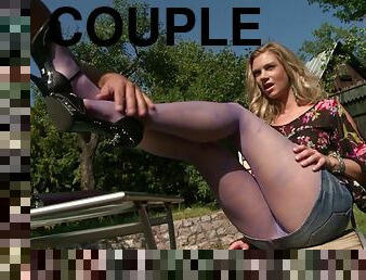 Luscious blonde Ally gets doggy-drilled under the blue sky