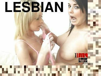 Lesbians with big tits,in bra tease and play with their nipples erotically