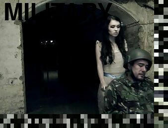 Brunette juicy pussy getting throbbed hardcore in military camp