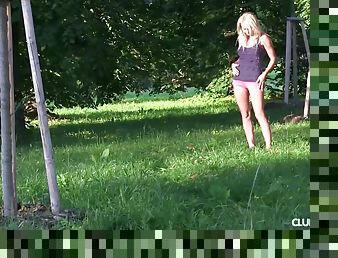 Tanned blonde Sabrina stripping and masturbating in public